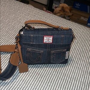 True Religion Blue Denim Crossbody with Tan Accents